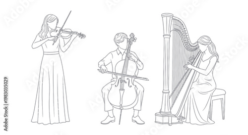 Elegant line art of musicians playing violin, cello, and harp.