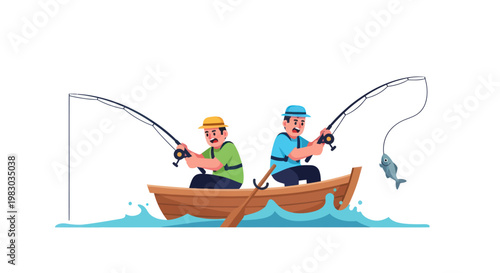 Two men fishing in a small wooden boat on the water vector illustration