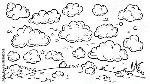 Cartoon Clouds Illustration and Weather Icons Sketch Elements for Outdoor Decoration Designs Set