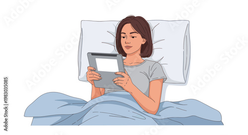 Young woman reading a digital ebook reader while lying in bed at night