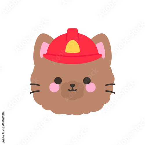 Cute kawaii brown cat face wearing red firefighter helmet