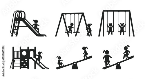 Collection of playground icons with children on slides, swings, and seesaws.