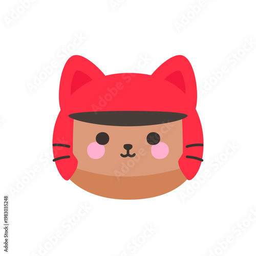 Cute kawaii red cat face wearing dark delivery rider cap