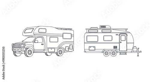 Line art illustration of a camper van and caravan trailer