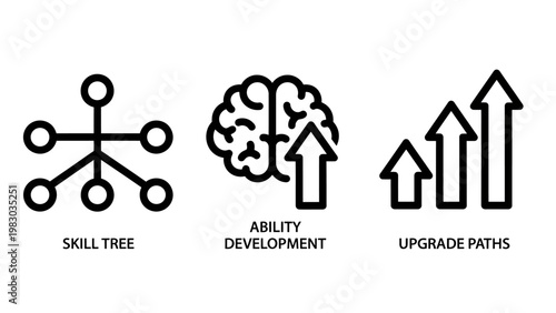Game development concept icons for skill tree ability development and upgrade paths with development progression character strategy interface improvement optimization intelligence performance