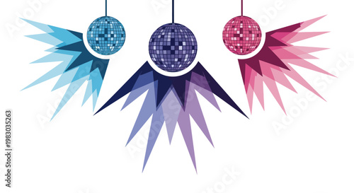 Three sparkling disco balls with vibrant abstract light effects on white background