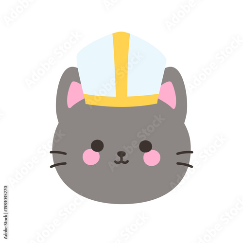 Cute kawaii gray cat face wearing white and gold bishop mitre hat