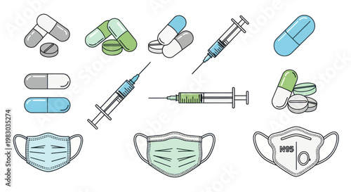 Medical supplies: pills, syringes, and face masks