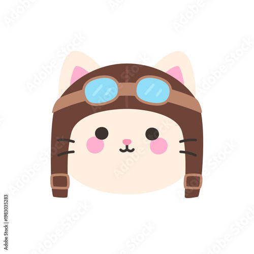 Cute kawaii cream cat face wearing brown pilot leather helmet with goggles