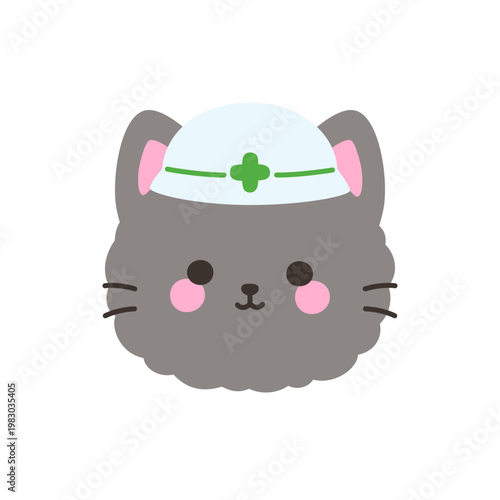 Cute kawaii gray cat face wearing white safety helmet with green cross