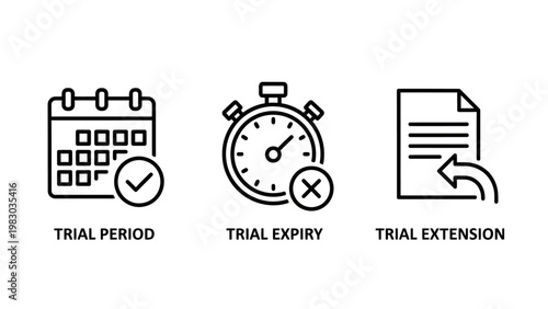 Software trial management icons set including trial period duration trial expiry and trial extension with extension software calendar stopwatch document business subscription deadline schedule