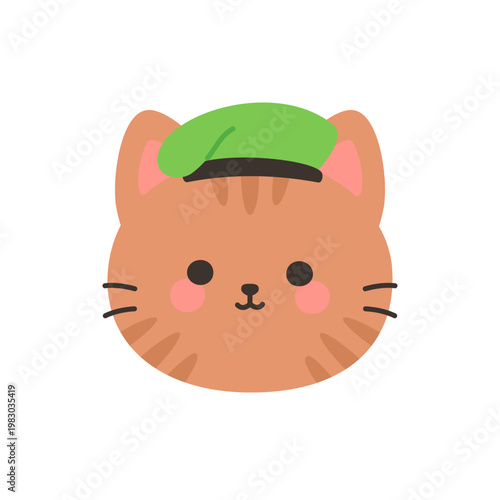 Cute kawaii orange tabby cat face wearing green beret military hat