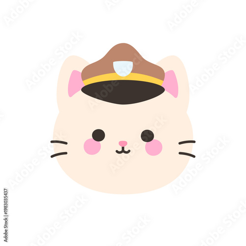 Cute kawaii cream cat face wearing brown police officer cap