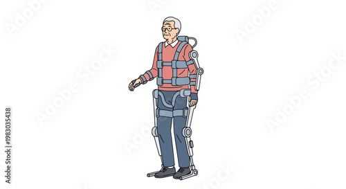 Elderly man wearing a robotic exoskeleton suit for mobility assistance on a white background.