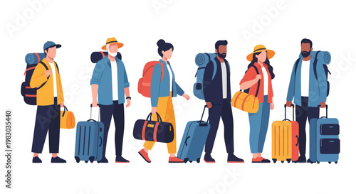 Illustration of a diverse group of people traveling with suitcases and backpacks