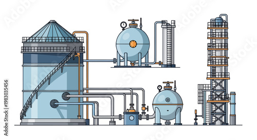 Chemical industrial plant and oil refinery processing equipment illustration.