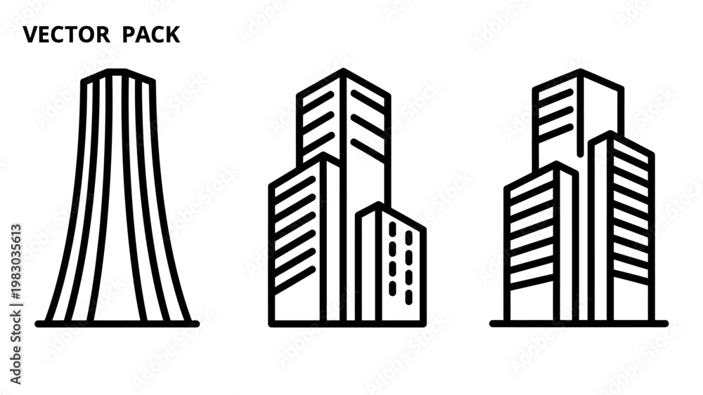 Obraz premium Vector pack of skyscraper and urban building silhouettes with real estate buildings skyscraper architecture silhouette metropolis construction development structure commercial business