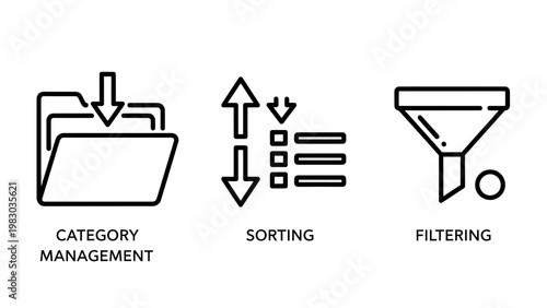 Icon set for file management sorting and filtering tools with filtering management organize interface business information selection software technology analysis collection application