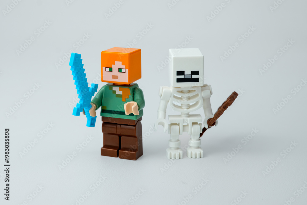 Naklejka premium Minecraft toy characters arranged closely together, featuring a figure with a blue sword beside a white skeleton figure on a plain light background on Apr 13, 2026 in Jakarta, Indonesia