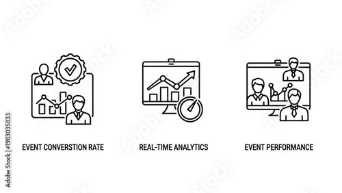 Set of linear business event performance and analytics icons with analytics performance conversion business marketing statistics management reporting strategy analysis corporate dashboard