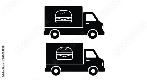 Black food truck with burger illustrations on transparent background silhouette