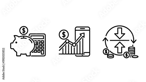 Set of financial management and growth icons featuring piggy bank mobile chart currency exchange investment currency calculator piggybank exchange business financial accounting planning