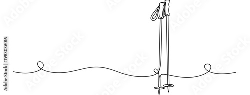 Trekking poles standing upright in simple line landscape, none editable strokes