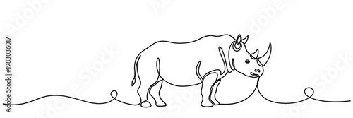 Rhinoceros standing connected by continuous line on white background, none editable strokes