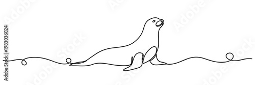 Sea lion lying alert on continuous line ocean shoreline, none editable strokes