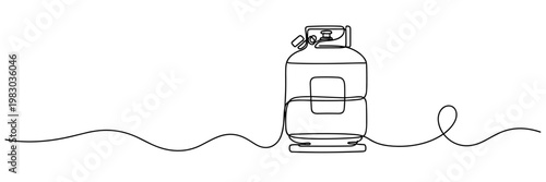 Gas cylinder standing on continuous line across white background, none editable strokes