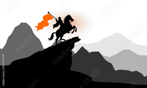Silhouette of a heroic warrior on horseback waving an orange flag on a rocky mountain peak, symbolizing courage, victory, freedom, and triumphant leadership in an epic setting