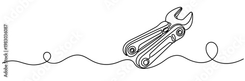 Folding wrench tool resting on continuous line background, none editable strokes