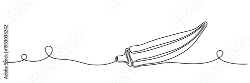 Okra pod illustrated in continuous line resting on surface, none editable strokes