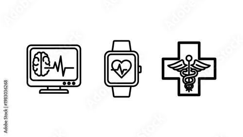 Set of healthcare medical monitoring and cardiology icons with health monitoring healthcare cardiology caduceus hospital technology wellness clinical diagnostic measurement smartwatch