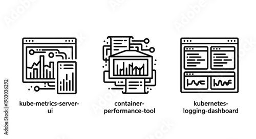 Set of kubernetes infrastructure monitoring and container performance icons with monitoring tool kubernetes container performance dashboard infrastructure software technology computing