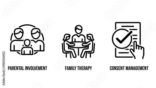 Set of human resources and compliance icons covering parental involvement family therapy consent management with parental management involvement compliance counseling agreement document