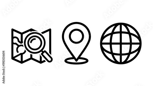 Travel and geographic navigation icons set showing map location pin and global earth globe with location navigation geography traveling orientation discovery international position destination