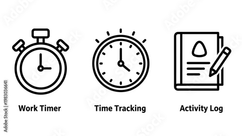 Time management icon set featuring work timer clock and activity log notebook management activity notebook productivity tracking schedule deadline planning efficiency organizer reminder