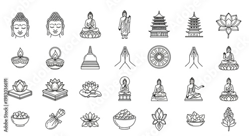 Buddha statues and symbols are arranged in a grid on paper