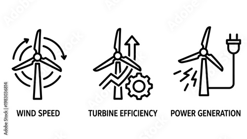 Wind speed turbine efficiency and power generation technology line icon collection with efficiency generation renewable electricity technology environment sustainable industry mechanical