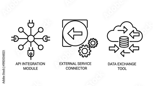Api integration module external service connector and data exchange tool icons with integration connector exchange software development computing interface programming technology connection