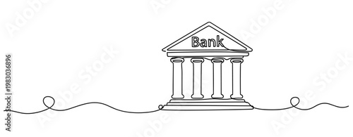 Continuous line drawing of bank building with columns on white background. No editable stroke