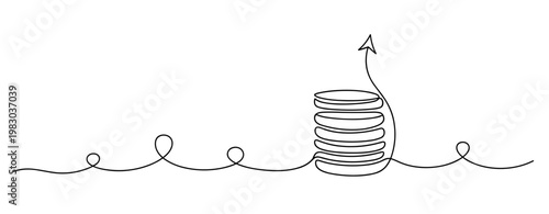 Continuous line drawing of growing coin stack with upward arrow. No editable stroke