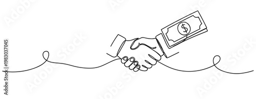 Line art of handshake with cash symbolizing financial agreement. No editable stroke