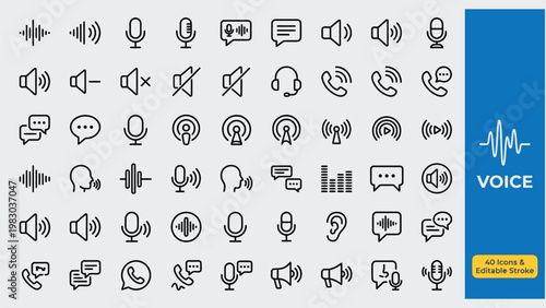 Voice web icons in line style. Sound wave, speech, collection ,voice recognition, message, audio. Editable stroke.  Vector illustration.