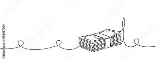 Minimalist continuous line drawing of a stack of money on fishing line. No editable stroke