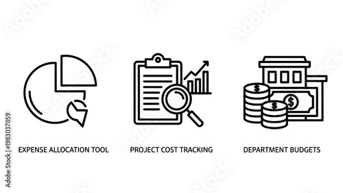 Expense allocation and project cost tracking business icons with tracking business allocation accounting management analysis planning financial corporate investment illustration document