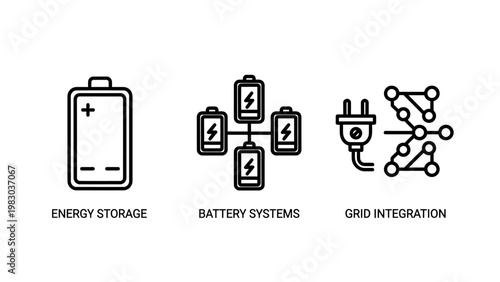 Energy storage battery systems and grid integration icons with integration electric technology electricity illustration infrastructure renewable sustainable management charging industrial