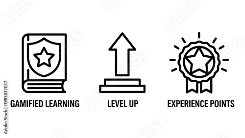 Gamified learning and progress tracking icons with level up and experience points concepts gamification learning education achievement progress training development business knowledge