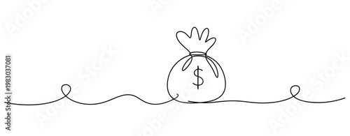 Simple one-line drawing of money bag with dollar sign on white background. No editable stroke